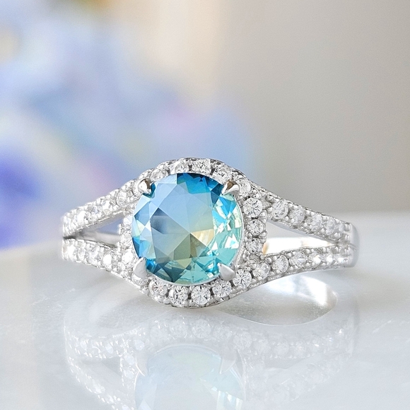 Blue & Teal tourmaline round gemstone ring, 925 Sterling Silver Charmed Aroma - Picture 4 of 4